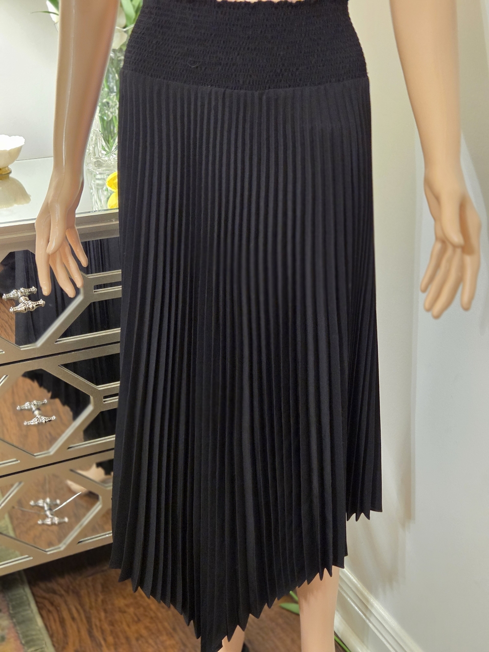 A.L.C. Black Asymmetrical Pleated Midi Skirt with Smocked Waist